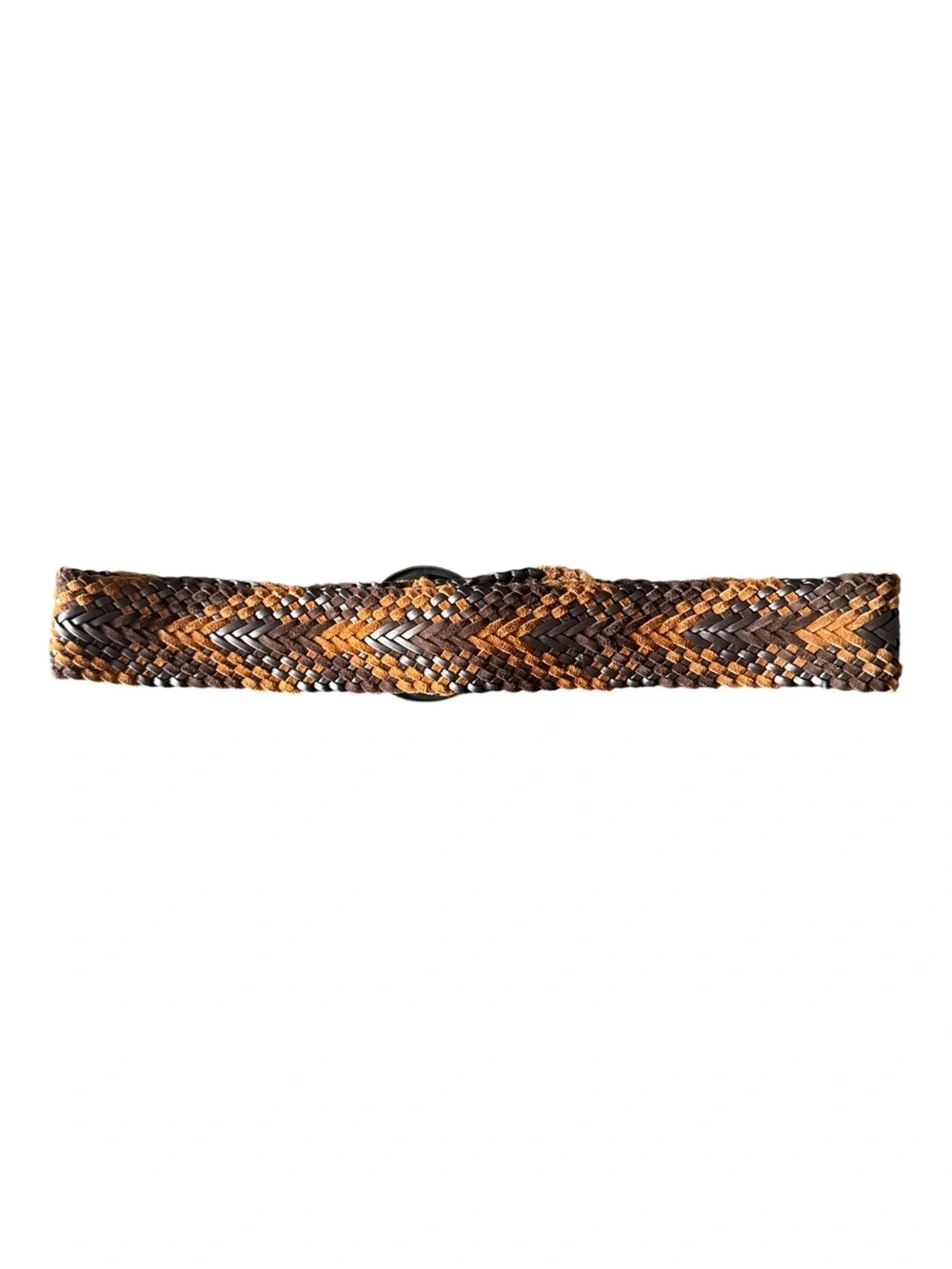 Boho Braided Wide Leather Belt Cognac Multi Brass Buckle Size OS